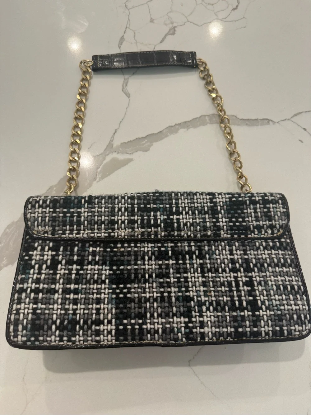 Liz Claiborne Black and White Tweed Shoulder Bag with Gold Chain